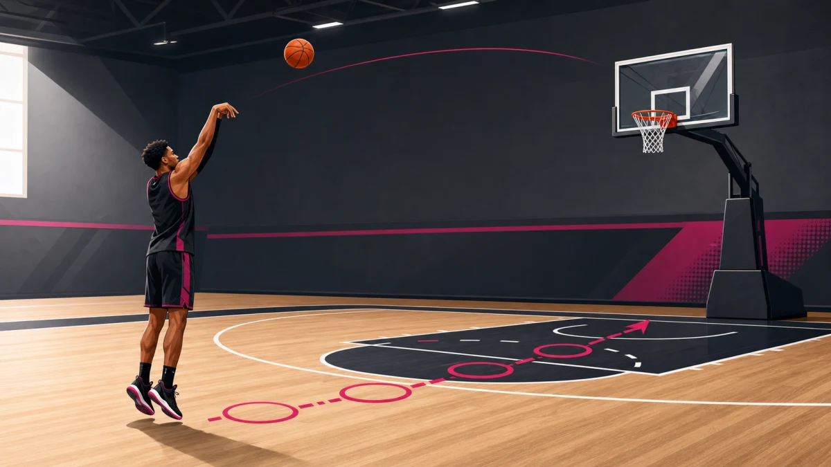 An editorial coaching illustration shows one shooter progressing from close-range form work to a balanced game-speed jump shot.
