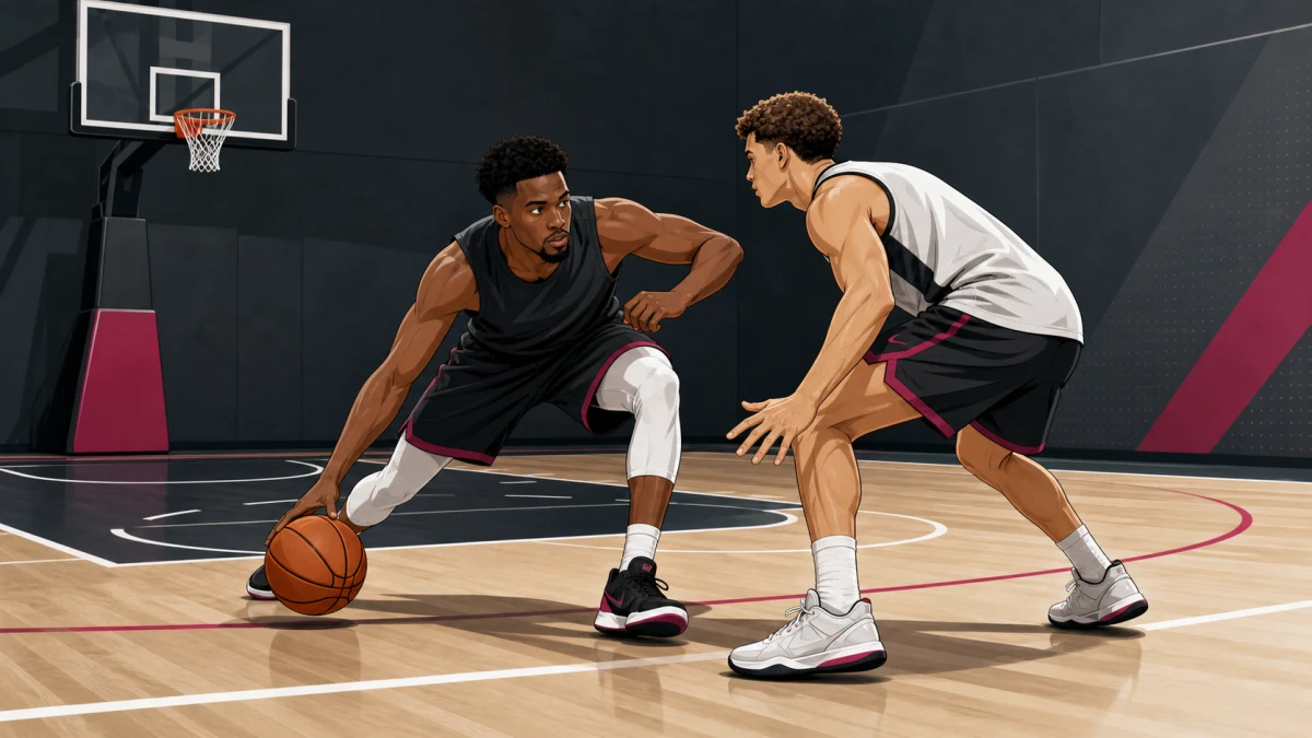 An editorial coaching illustration shows one ball handler changing pace against one defender while keeping the dribble low and the eyes up.