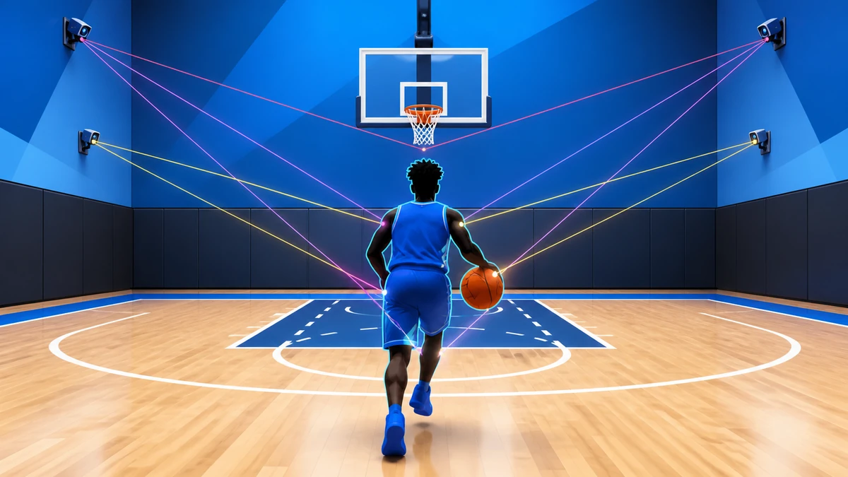 Ein Basketballspieler bewegt sich auf einem Indoor-Feld, während Kameras und farbige Linien optisches Tracking veranschaulichen.
