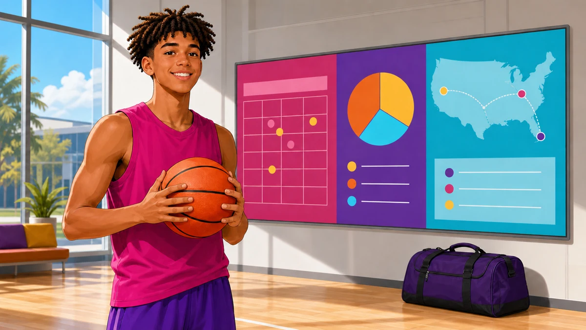 Ein Basketballspieler hält einen Ball neben einer abstrakten Reiseplanungs-Tafel und einer gepackten Tasche.