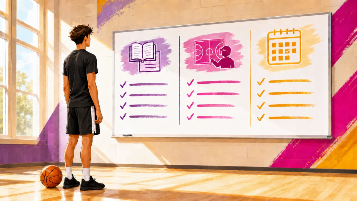 Ein High-School-Basketballspieler überprüft akademische, Rekrutierungs- und Fristenpläne auf einer hellen Planungstafel.