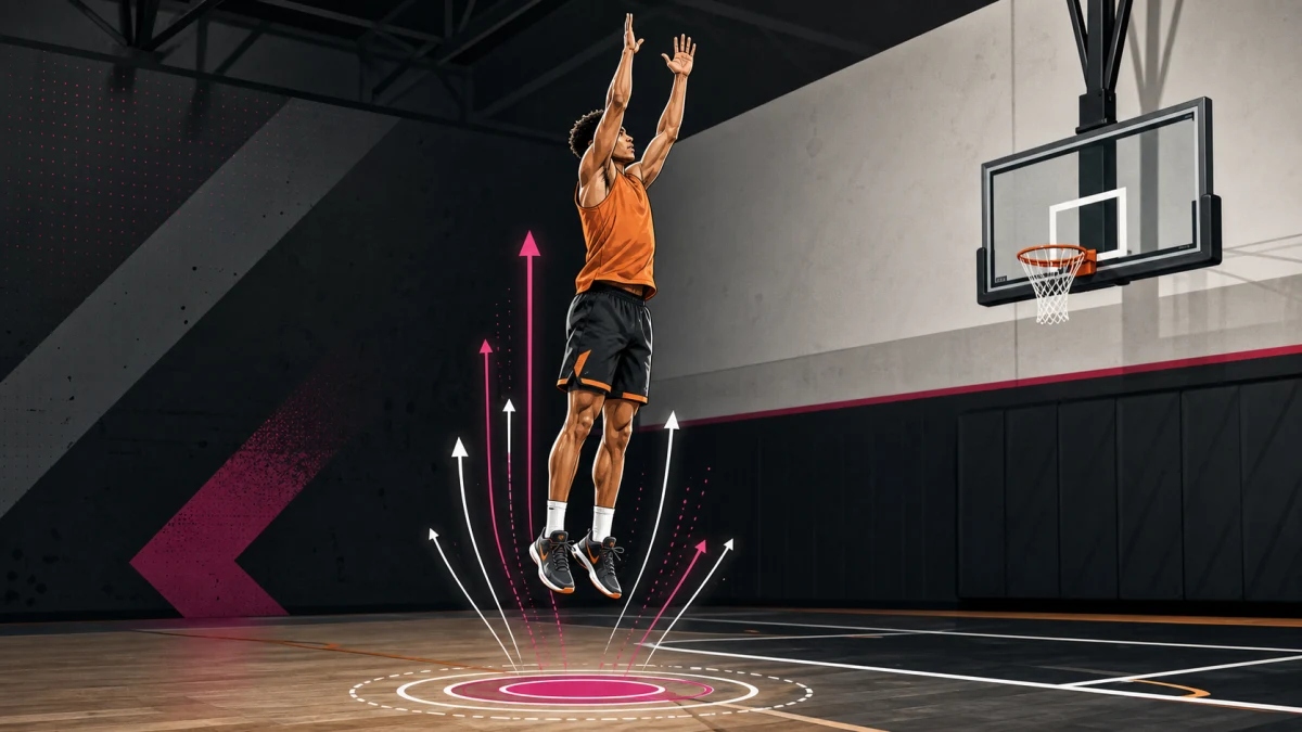 A sports-science illustration shows one athlete moving through a countermovement, vertical takeoff, and controlled two-foot landing.