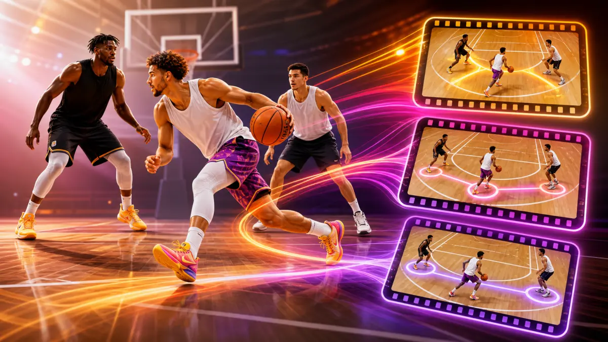 Ilustración brillante de tecnología de baloncesto que muestra una posesión conectada a patrones de movimiento similares y fotogramas de película.