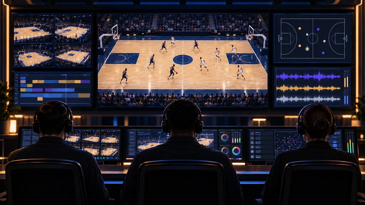 Basketball broadcast control room with court monitors, camera feeds, replay screens, and data overlays, no text.