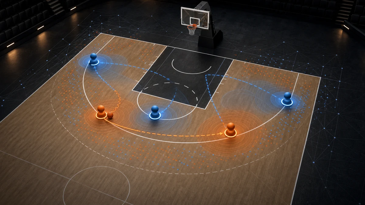Basketball-Halbfeld visualisiert mit fünf Spielermarkierungen, einem Ball, Bewegungspfaden und räumlichen Analyse-Overlays.