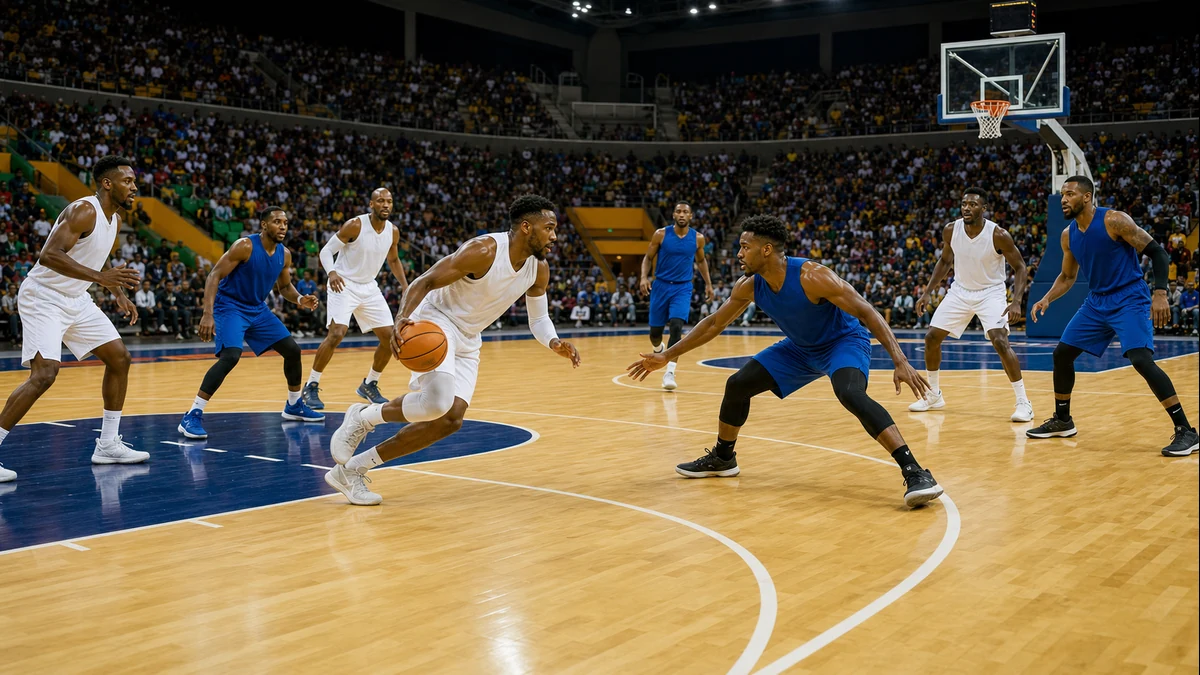 Professional basketball players compete in a modern indoor arena during an international game.