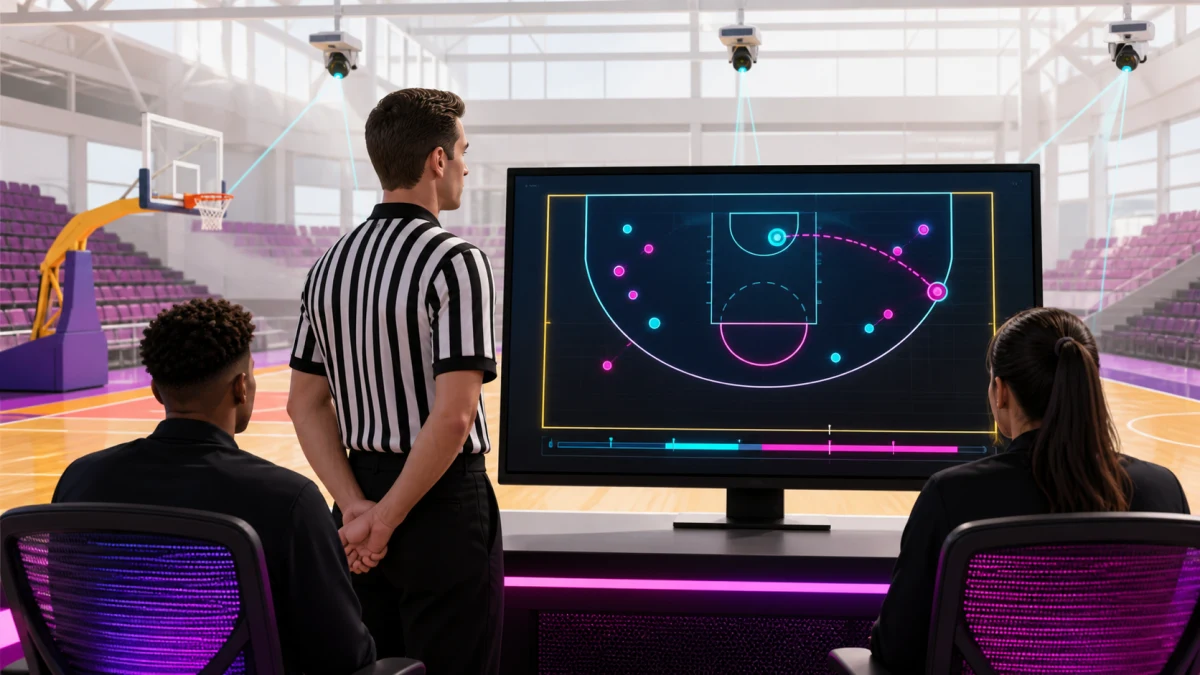 Un arbitro di basket e due analisti di replay esaminano prove astratte di tracciamento ottico