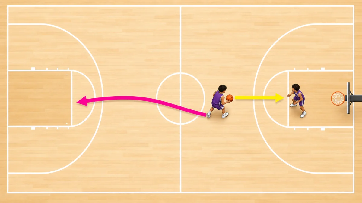 El manejador del balón con ambos pies cruzando la línea central ve un camino de peligro hacia atrás y una salida segura hacia adelante en un diagrama de cancha brillante.