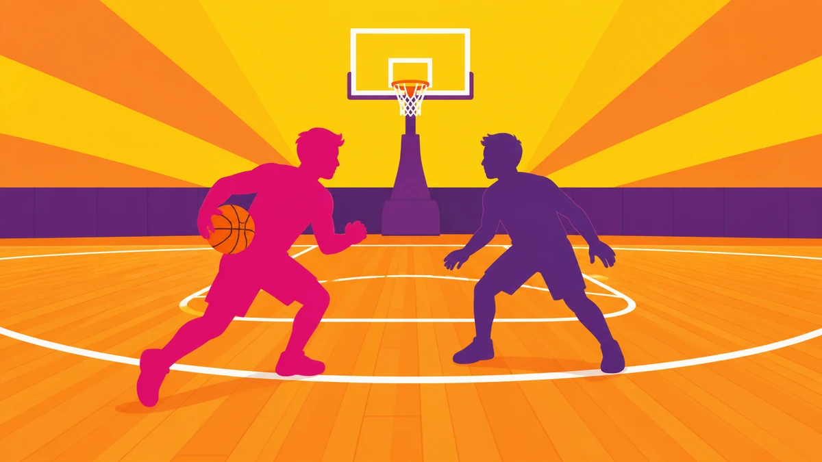 Zwei junge Basketballspieler veranschaulichen eine legale Verteidigungsposition und einen Zug zum Korb.