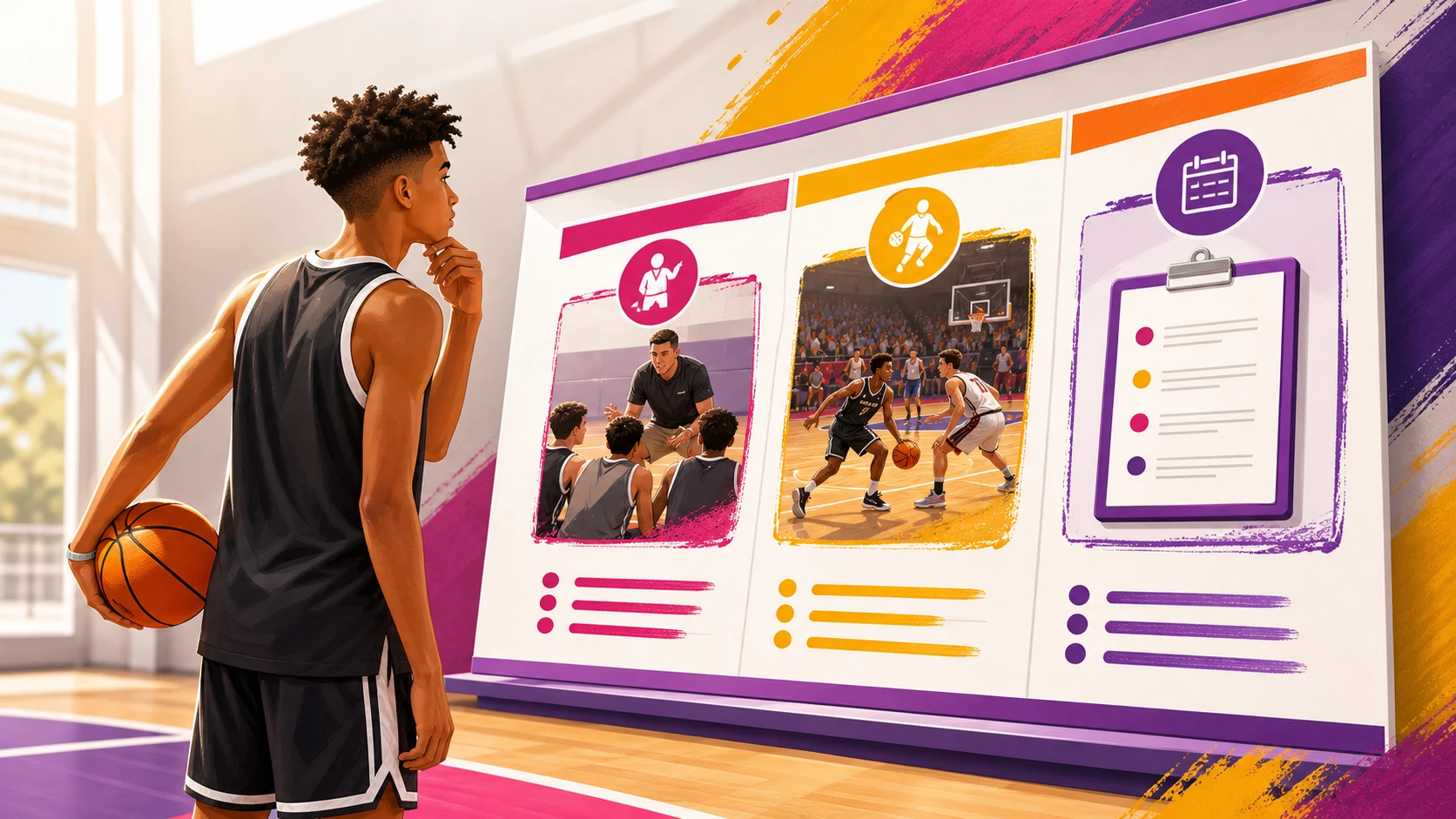 Bright editorial illustration of a high school basketball player comparing coaching, live competition, and a camp evaluation checklist.