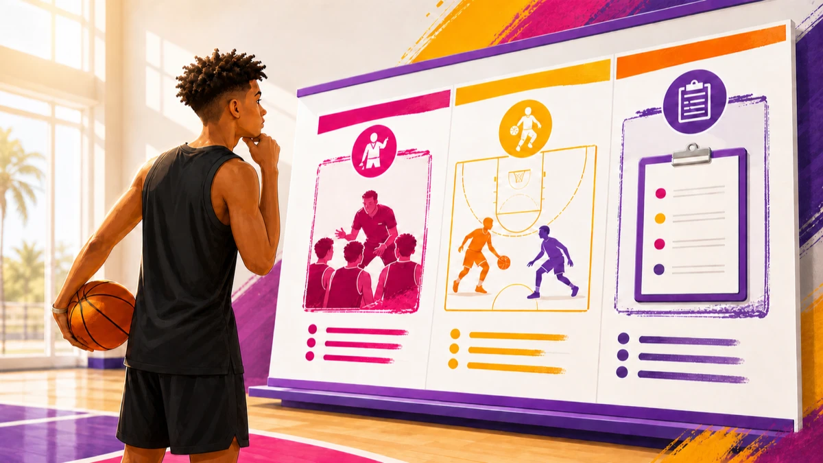 Teenage basketball player evaluating coaching, competition, and planning options on a three-panel board in a bright gym.