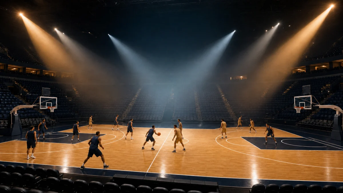 Jugadores de baloncesto profesionales calientan en una moderna cancha europea bajo cuatro haces de luz convergentes.