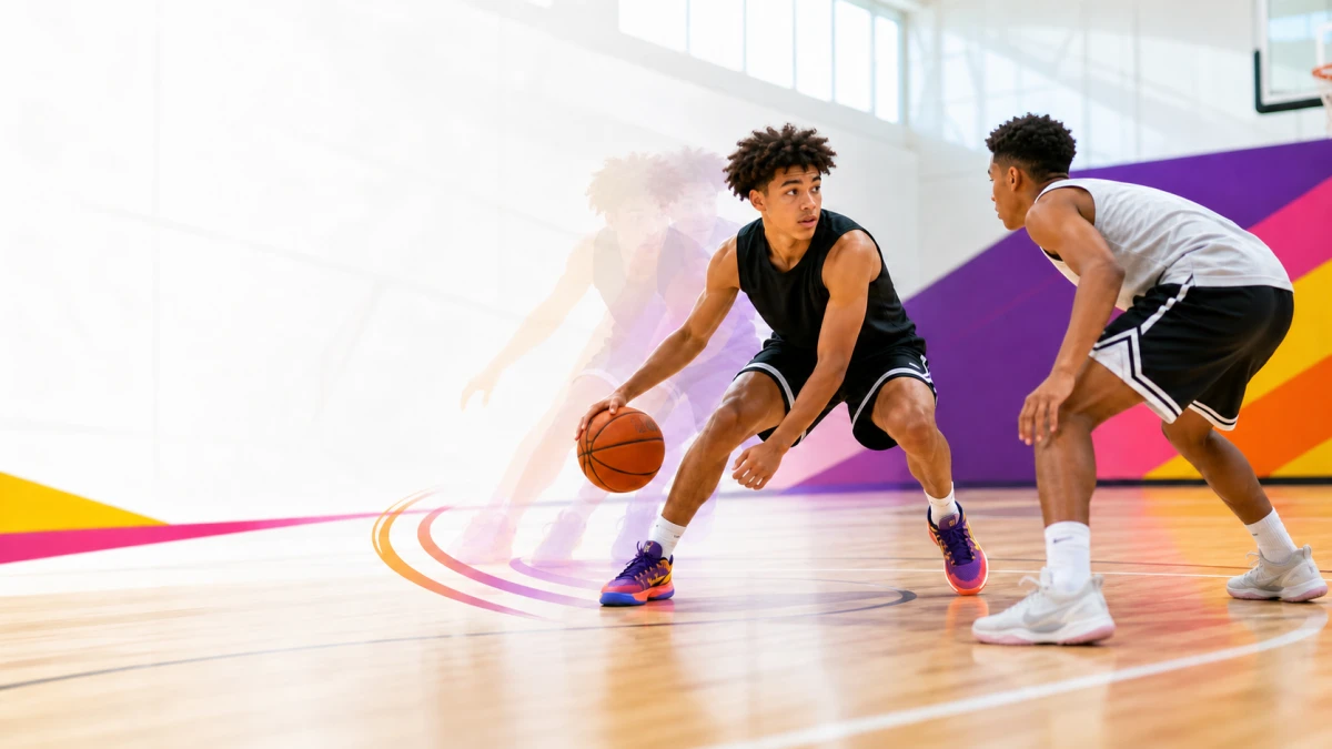 Teen ballhandler uses a low hesitation and change of pace against a balanced defender in a bright basketball gym.