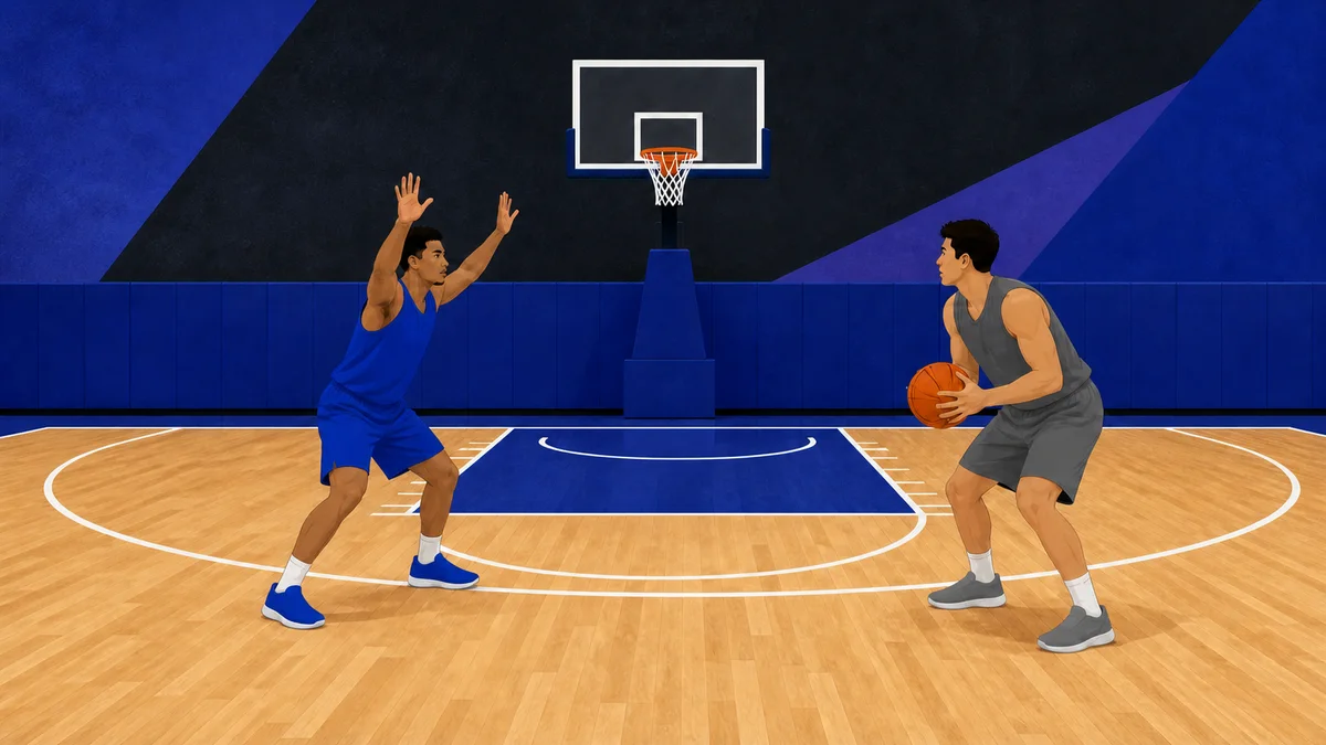 Ein Verteidiger beendet einen ausbalancierten Closeout mit beiden Händen oben auf einen Ballhandler zu auf einem hellen Indoor-Feld.