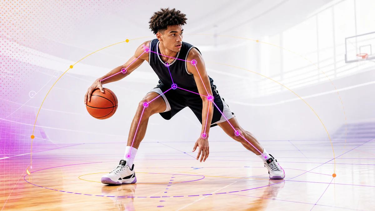 Basketball player dribbling in a bright gym with colorful computer-vision landmarks and court tracking lines.