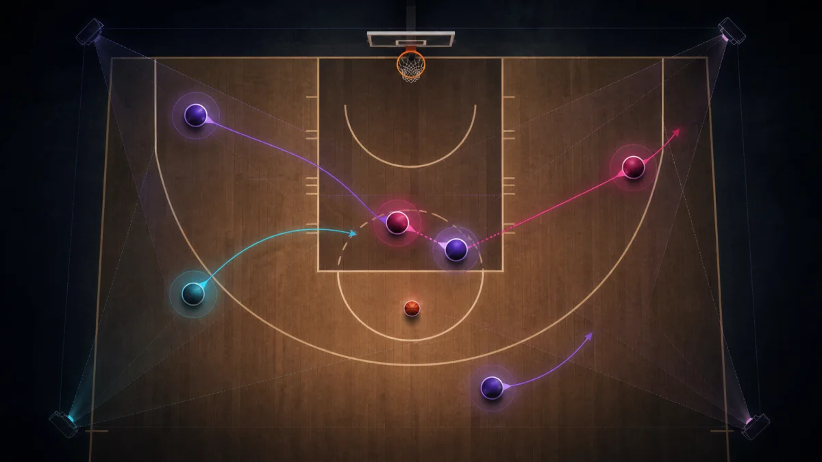 Diagrama abstracto de seguimiento de baloncesto que muestra la trayectoria de un jugador interrumpida por superposición y recuperada a lo largo del tiempo.