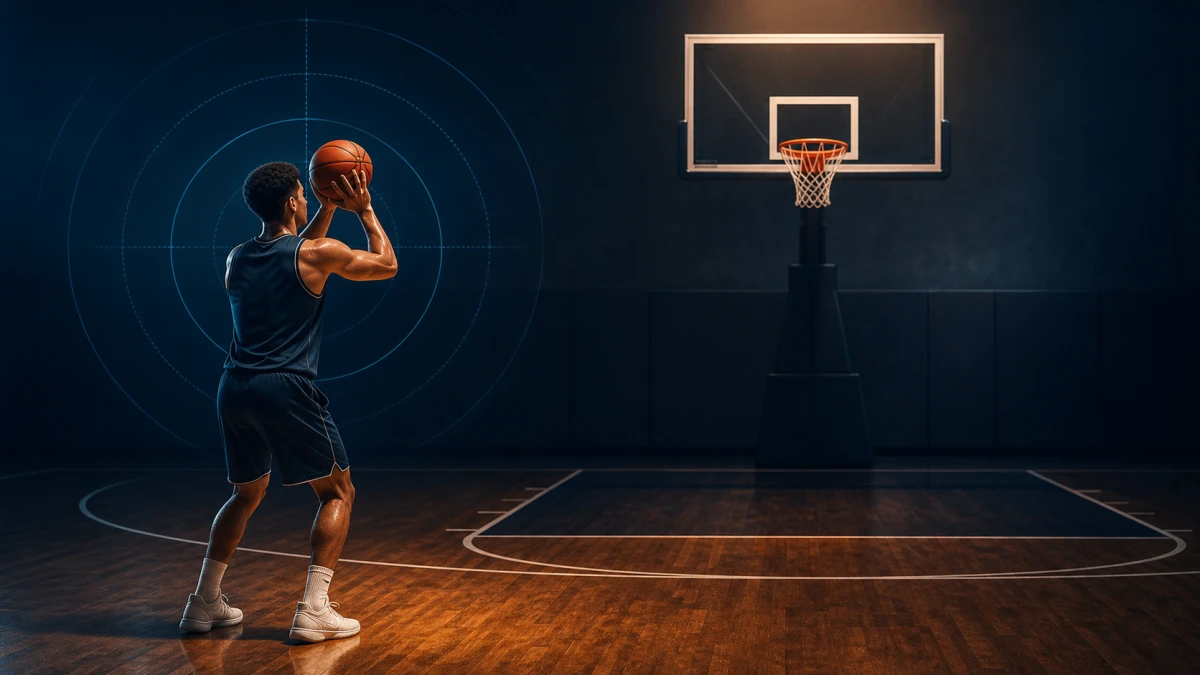 Basketball player maintaining balanced shooting mechanics late in a conditioning workout