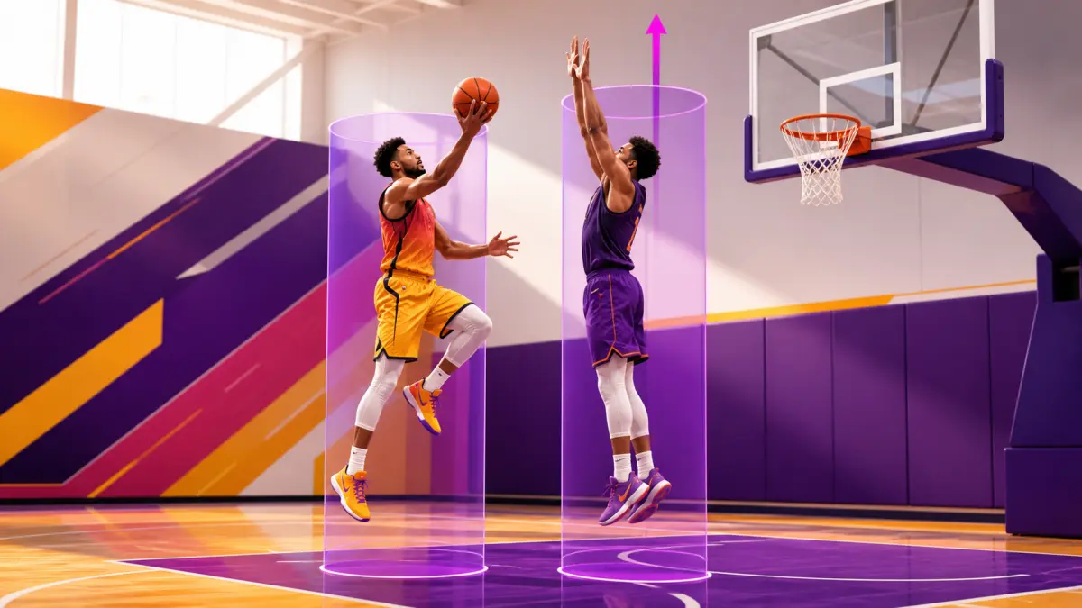 Korumalı bir silindir içinde düz dikey sıçramayla turnikeye itiraz eden bir savunmacının şematik basketbol illüstrasyonu.