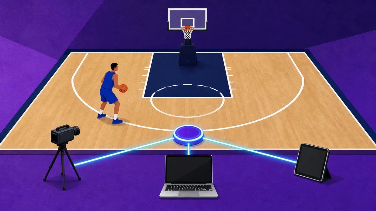 One basketball player links a sideline camera, laptop, and tablet through a shared data hub on a bright court