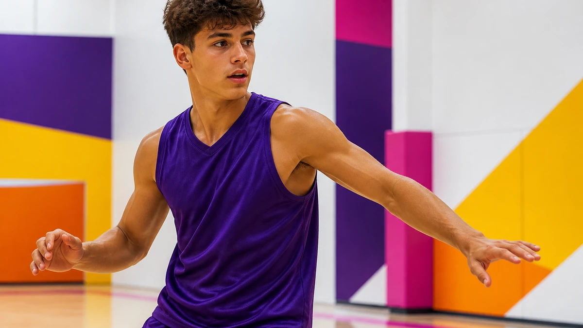 A basketball player leaning into a balanced braking position with one arm extended for balance in a bright gym.