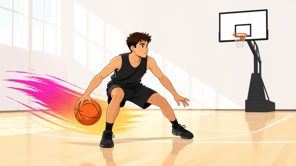 A basketball player lowers into a balanced braking stance while controlling the ball on a bright indoor court.