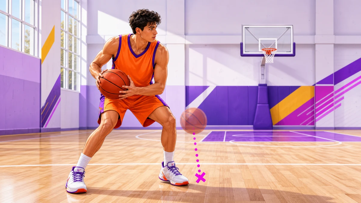 Un'illustrazione luminosa mostra un giocatore di basket che tiene la palla dopo aver terminato un palleggio, con un percorso di secondo rimbalzo interrotto.