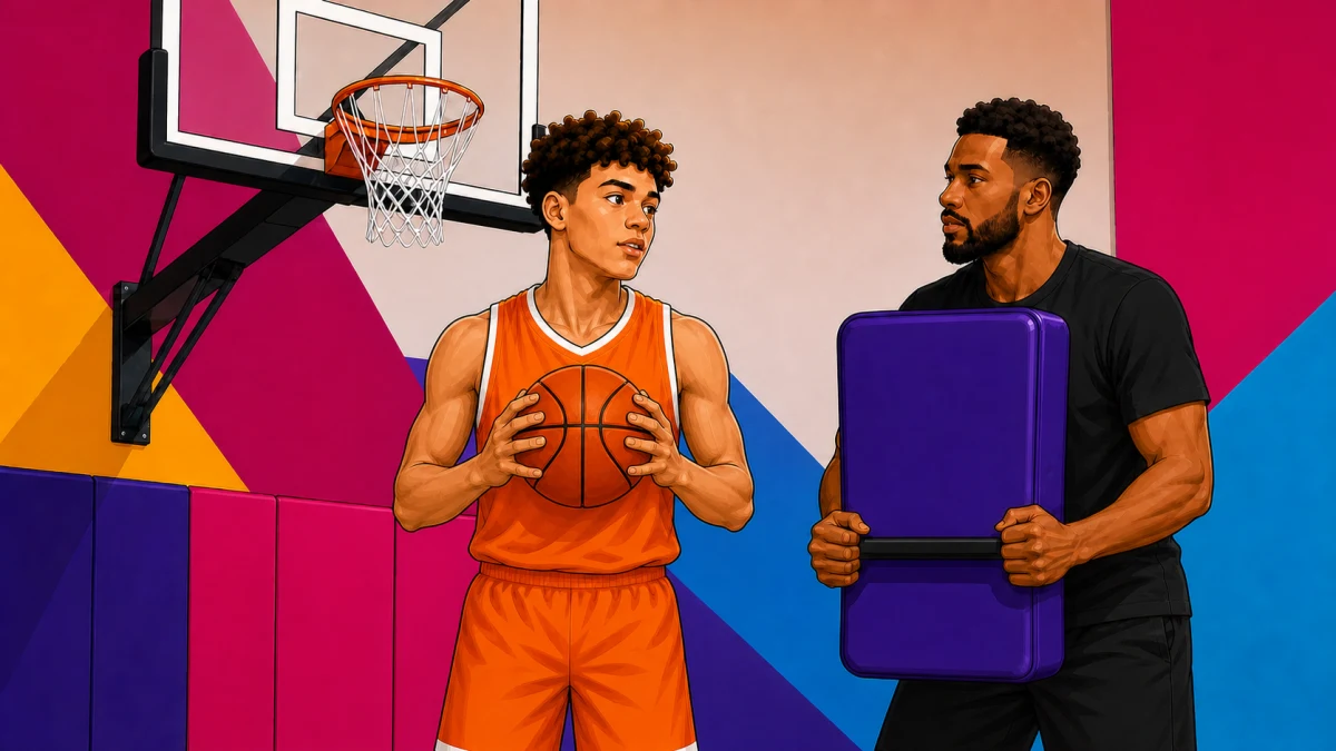 A basketball player practices a balanced layup through controlled pad contact from a coach