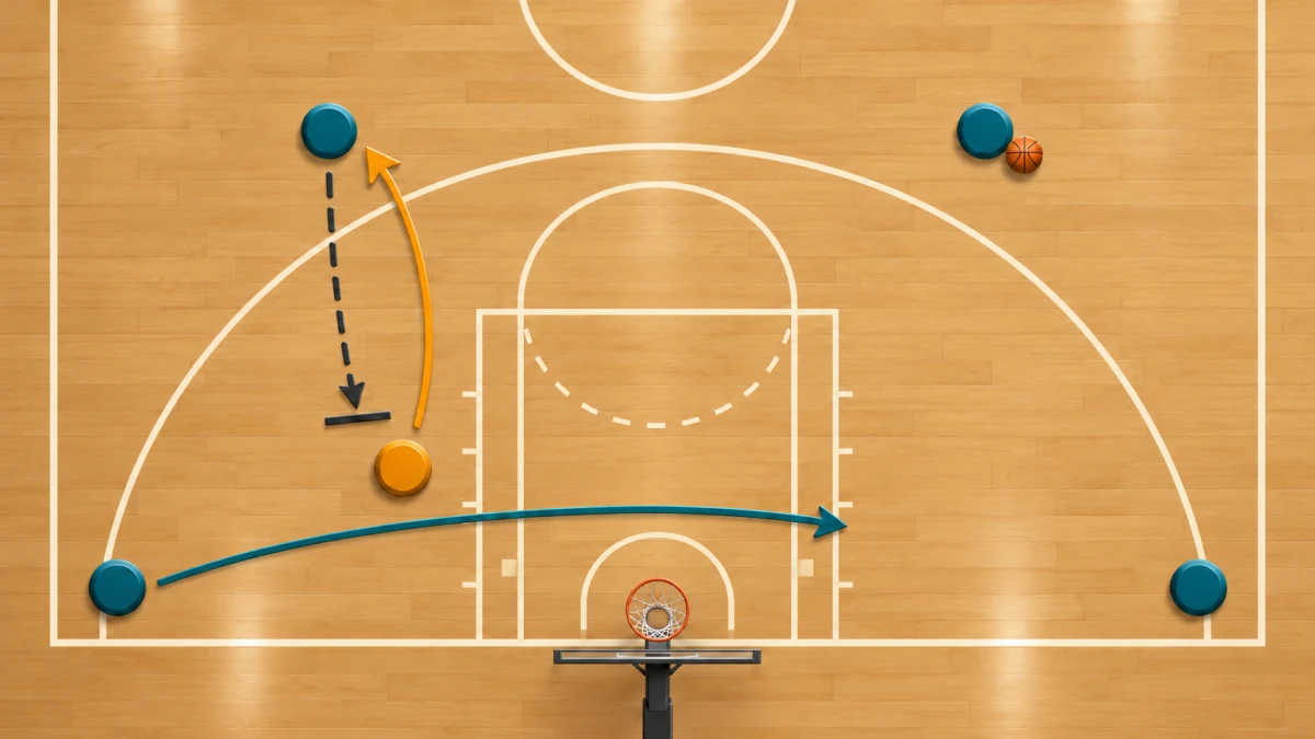 Un diagramme de basket original vu de dessus reliant une coupe de ligne de fond à un écran descendant pour le premier poseur d'écran.