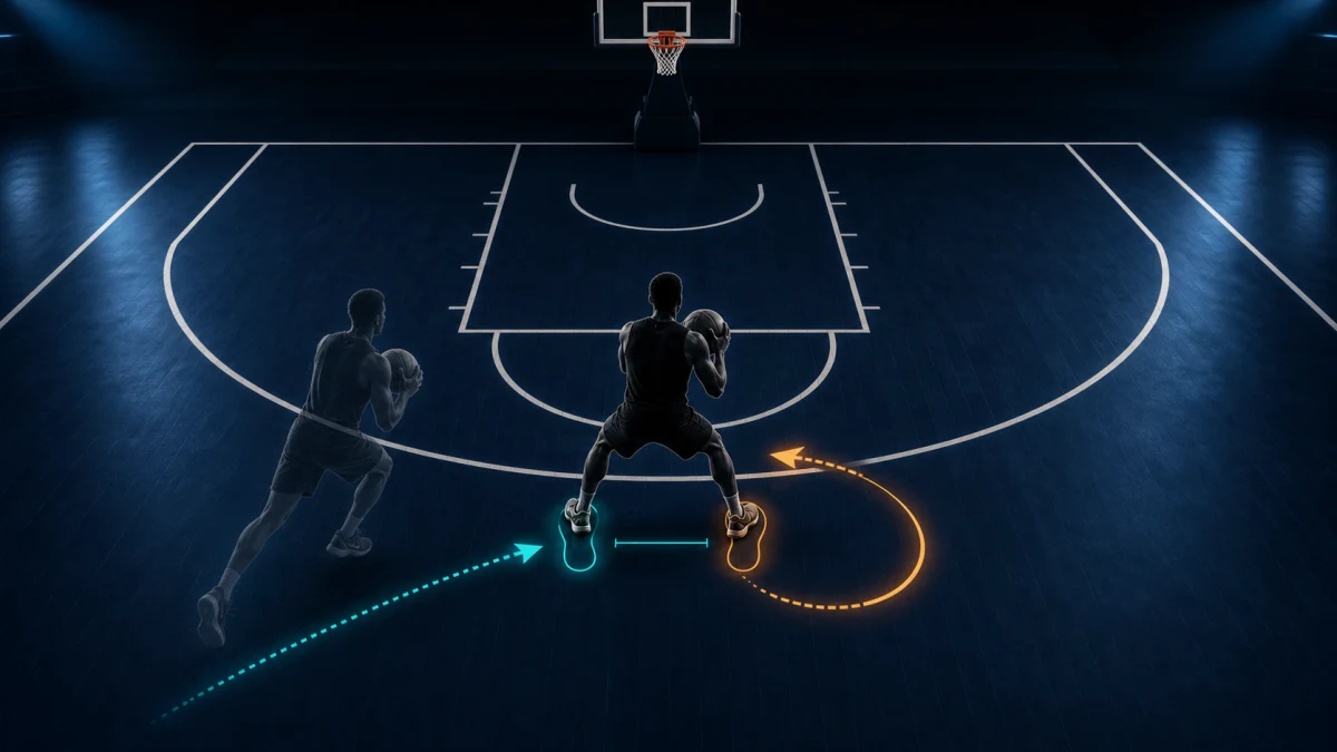 Un diagrama de cancha de baloncesto que ilustra el juego de pies del jugador y las trayectorias de movimiento con flechas direccionales e indicadores de huellas resaltados que conducen hacia la canasta.