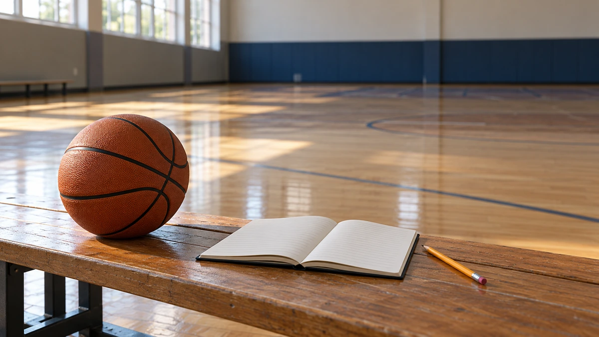 Un balón de baloncesto y un cuaderno de práctica abierto junto a una cancha vacía.