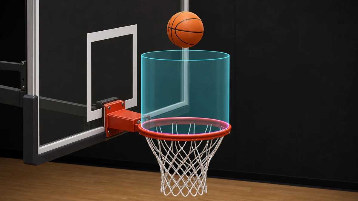 A precise editorial diagram shows one basketball above the protected cylinder aligned with a regulation rim.
