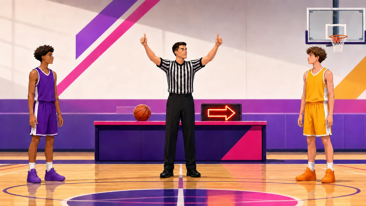 Zwei Basketballspieler warten, während ein Schiedsrichter Held Ball neben dem Besitzpfeil signalisiert.