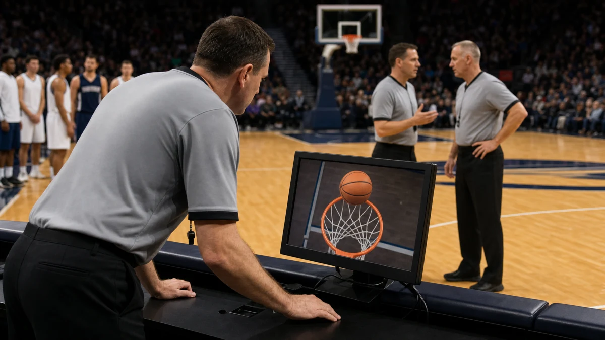A basketball referee studies a courtside replay monitor while two officials discuss the play.