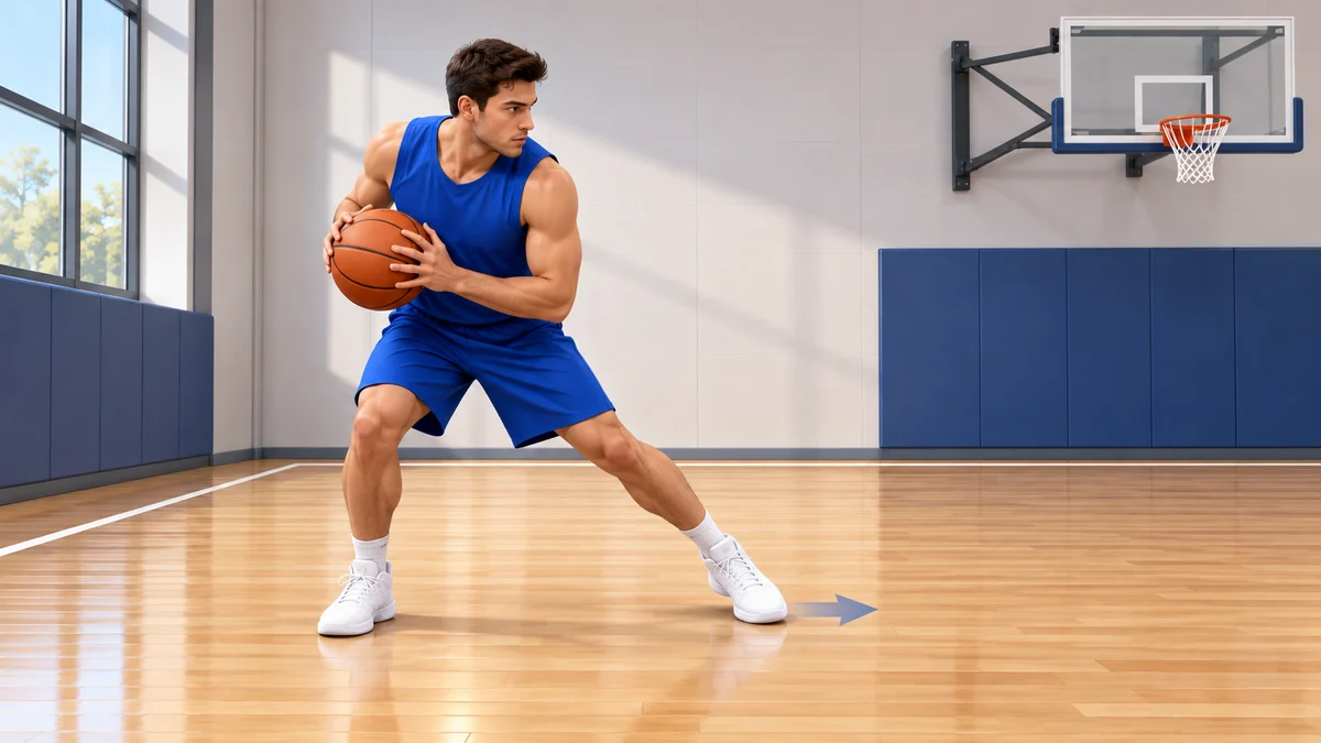 A single basketball player in triple threat demonstrating a jab-step setup on a half court.