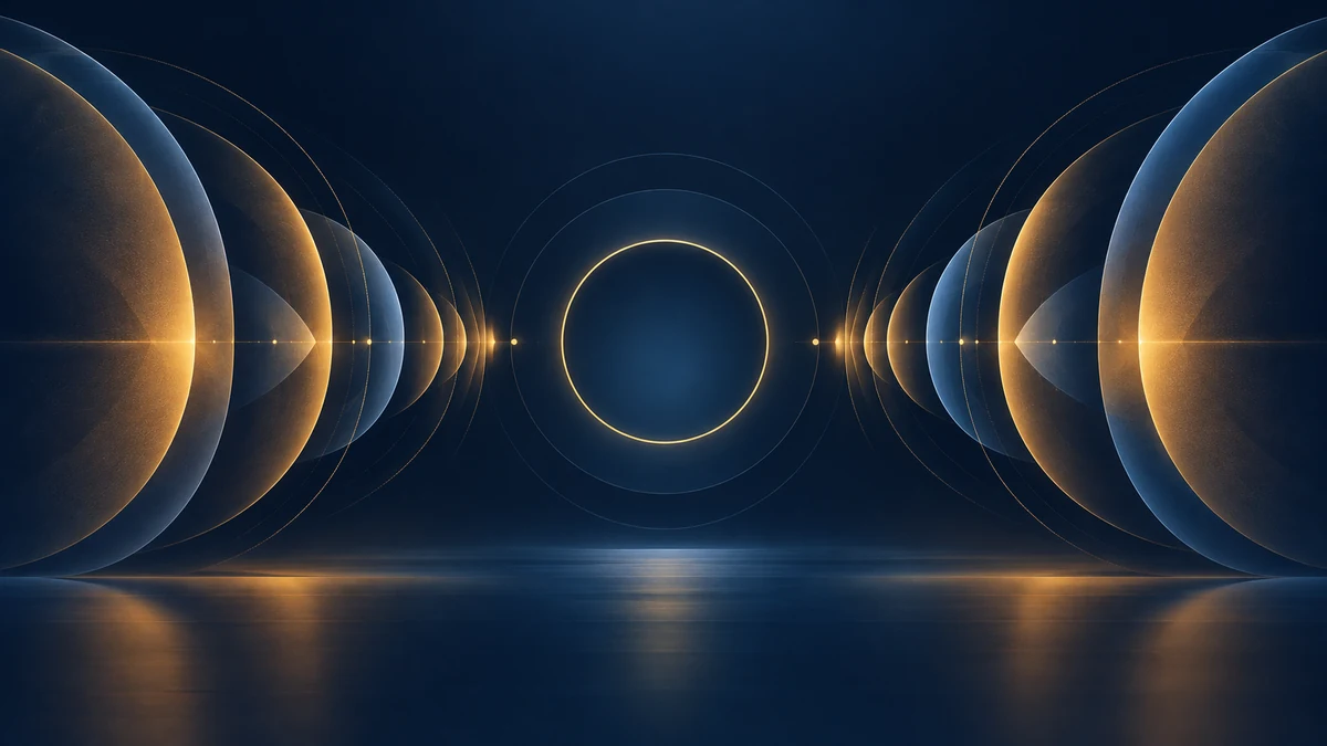 Text-free abstract navy, amber, and muted-blue contours compressing into a calm, balanced center.