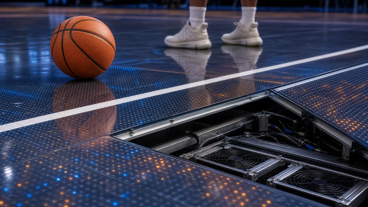 Un pallone da basket poggia su un campo LED con un pannello aperto che rivela l'hardware elettronico sottostante e le ventole di raffreddamento.