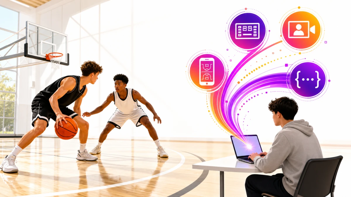 El estadístico de cancha enruta los datos de un partido de baloncesto a símbolos coloridos de marcador, transmisión, móvil y API.