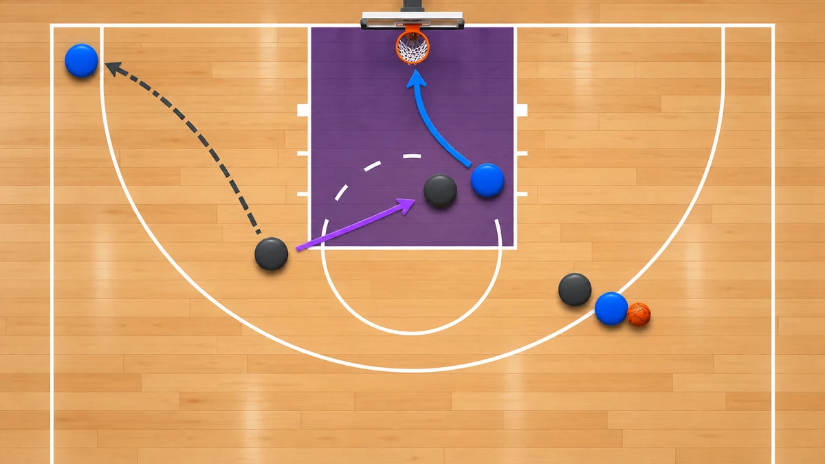 Text-free overhead basketball diagram showing a weak-side defender tagging a rolling screener and a second defender rotating behind