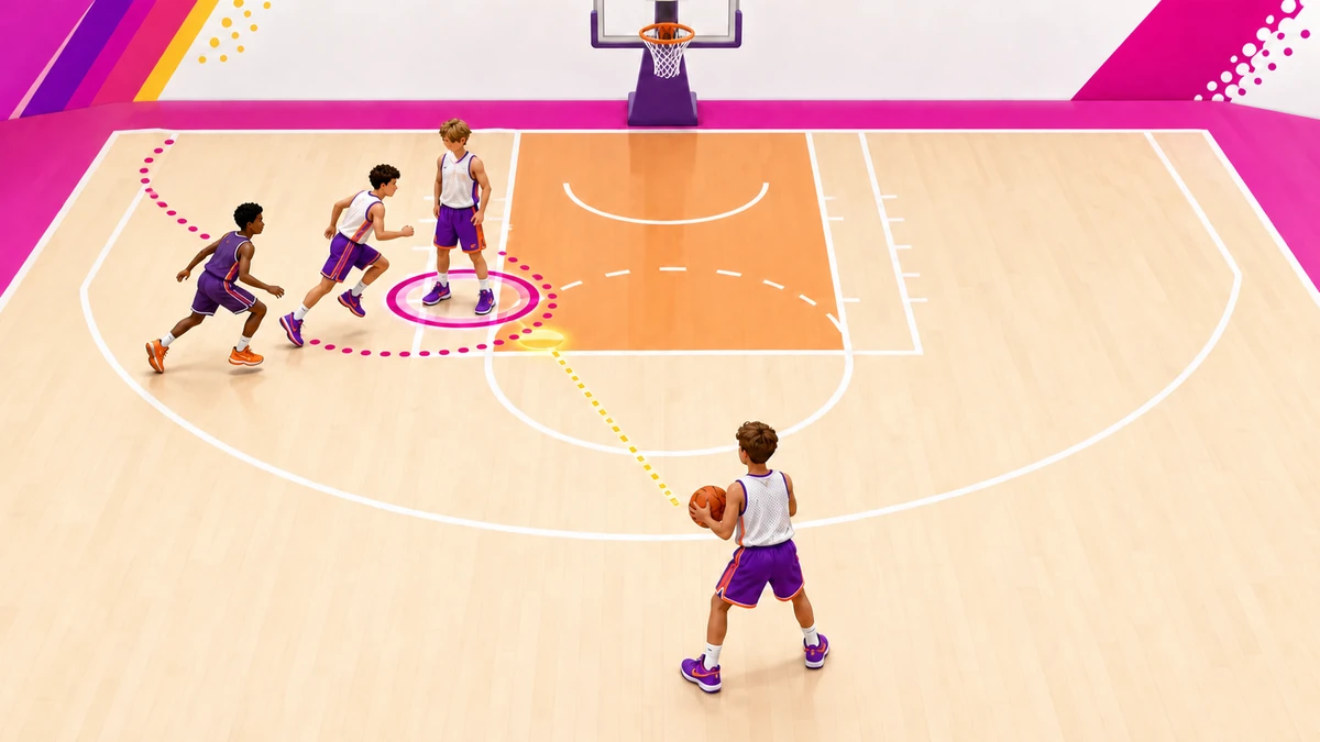 Overhead basketball illustration showing a cutter curling tightly around a stationary pin-down screen while a defender trails and a passer sees the opening.
