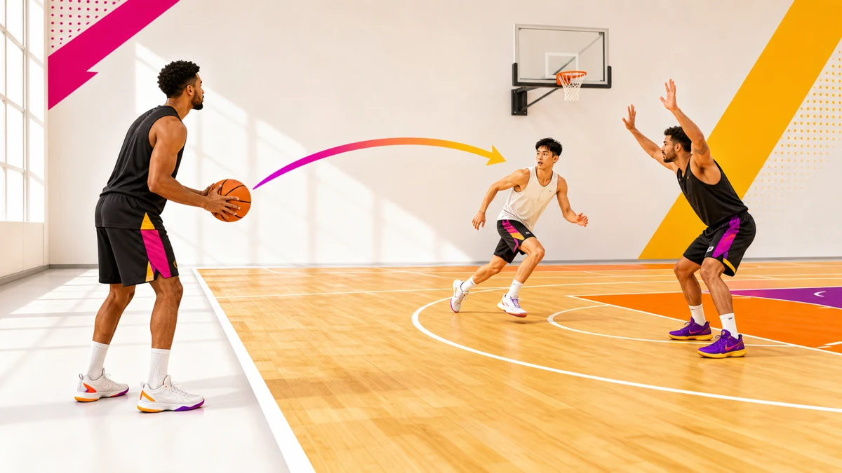 Un sacador de baloncesto se para fuera de una línea de banda despejada mientras un receptor corta y un defensor marca desde dentro de la cancha en un gimnasio luminoso.