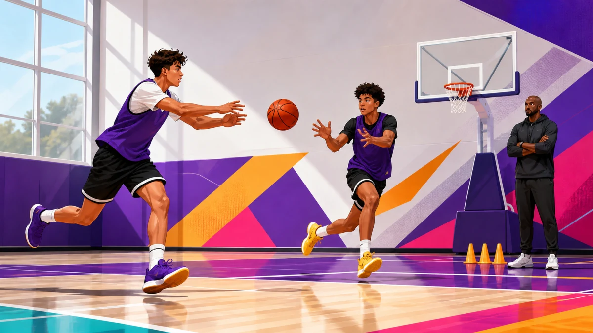 A basketball player leads a moving teammate with a pass during a court drill