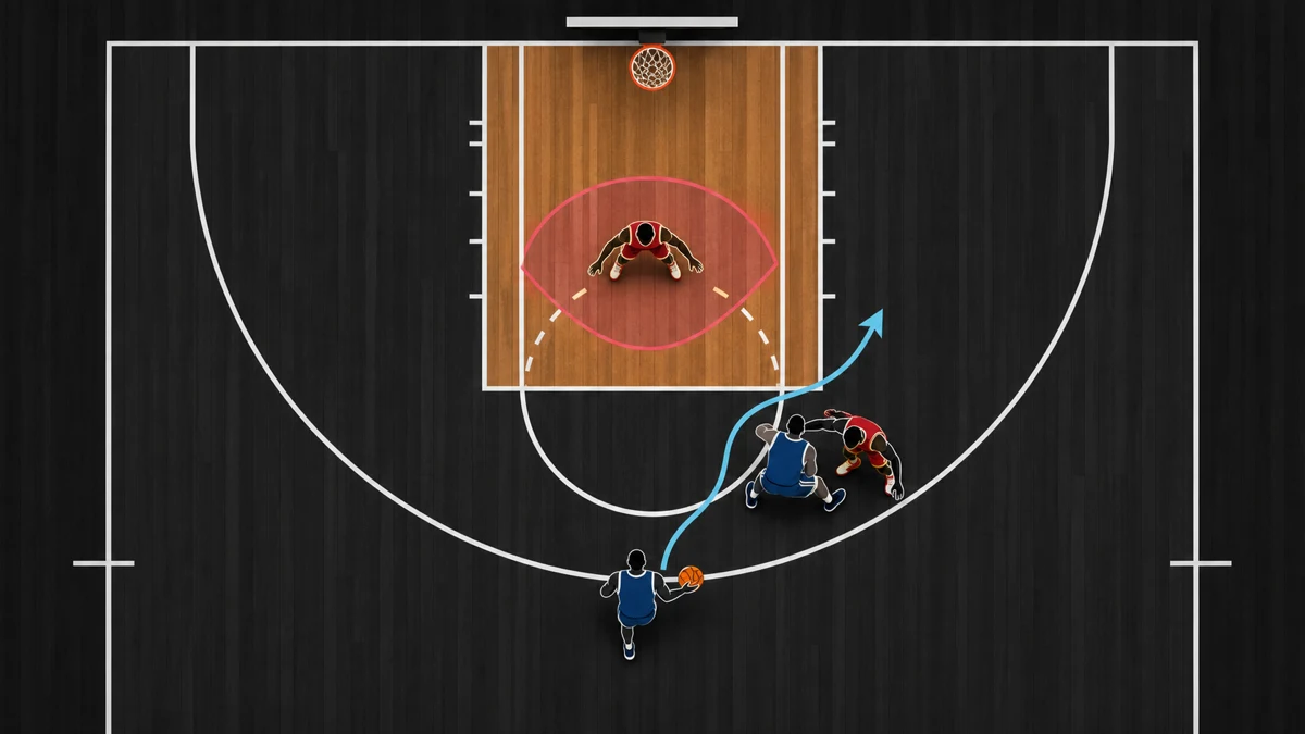 Diagramme de basket vue de dessus montrant un porteur de balle utilisant un écran contre une couverture en drop.