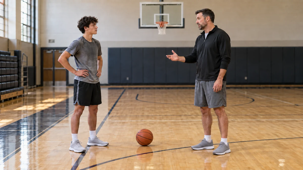 Un giocatore di basket delle scuole superiori che ascolta un allenatore durante una conversazione tranquilla a bordo campo