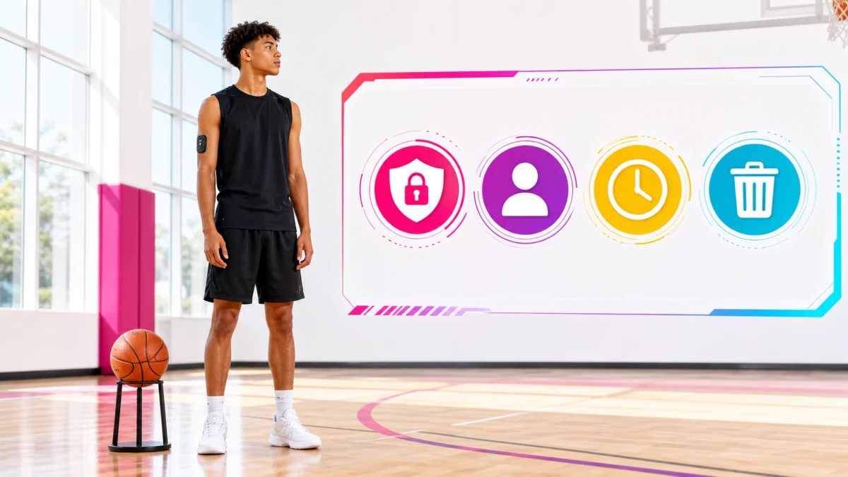 Ein Basketballspieler steht neben den Bedienelementen für Einwilligung, Zugriff, Speicherung und Löschung von Tracking-Daten.