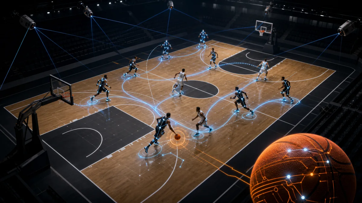 Sistem pelacakan pemain bola basket konseptual yang memetakan data gerakan dan pose di seluruh lapangan dalam ruangan.