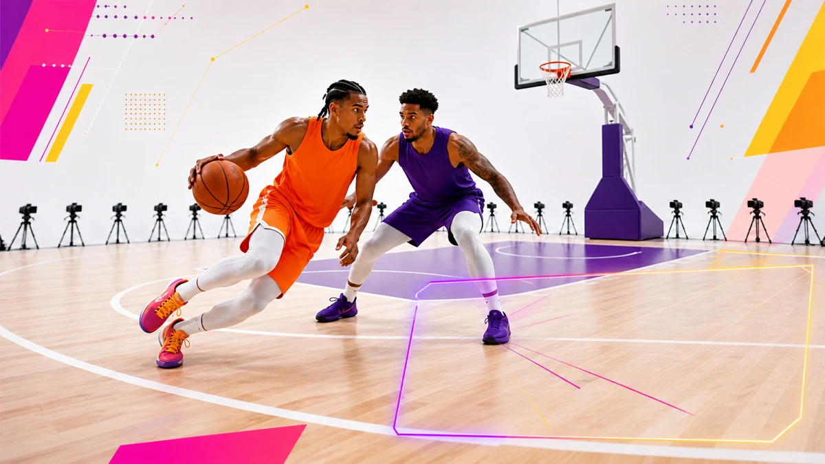 Una penetrazione di basket è catturata dalle telecamere dell'arena e inquadrata da un punto di vista virtuale vuoto in un'arena luminosa.