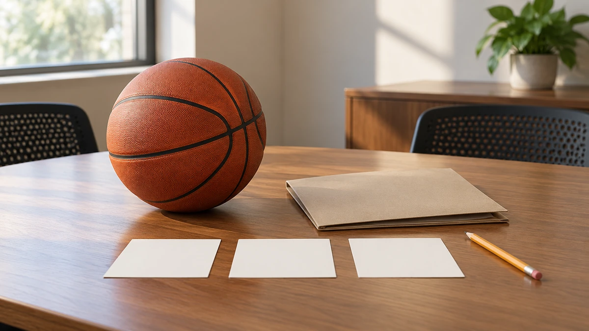 A basketball beside a closed records folder and three blank planning cards on a school meeting table.