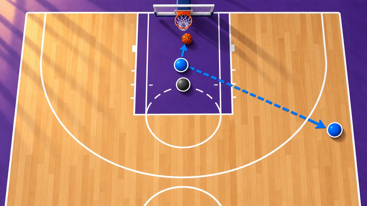 Text-free overhead basketball diagram showing a rebounder gaining inside position and passing to an outlet teammate