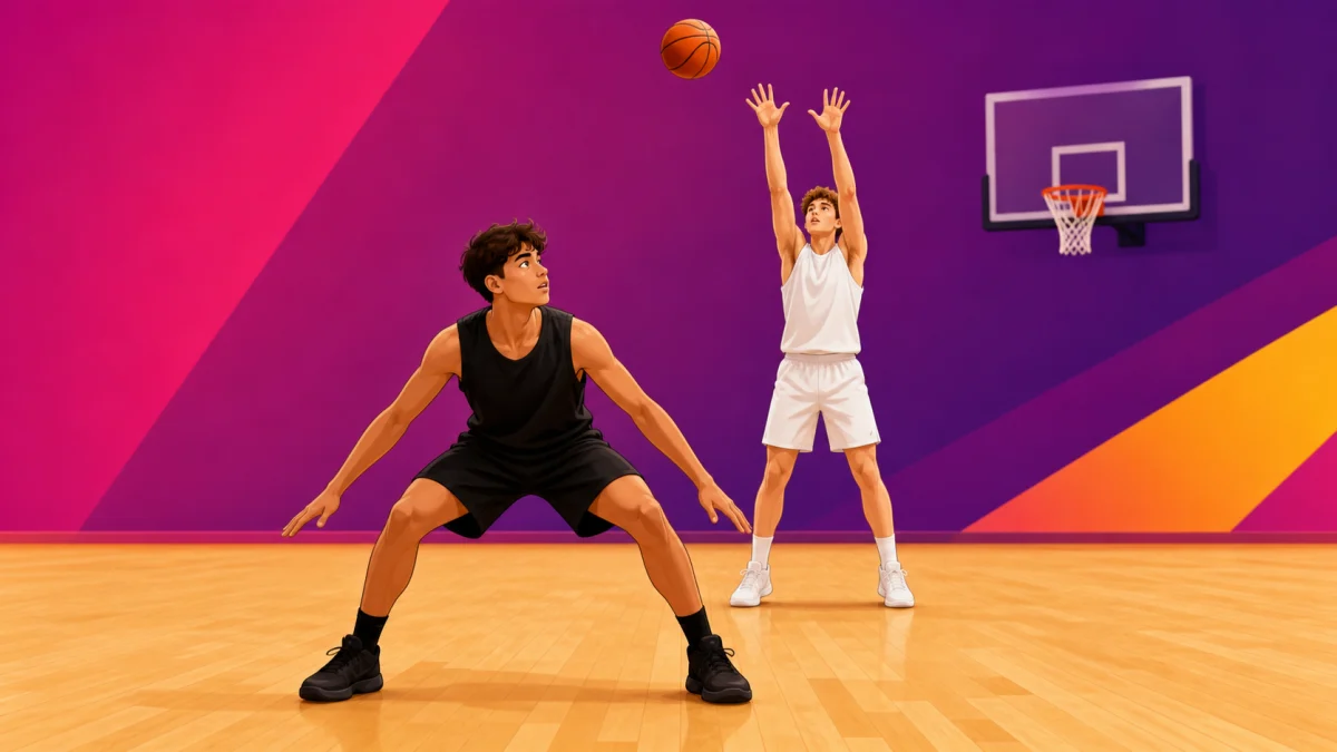 Two basketball players practice a box out and rebound pursuit on an indoor court