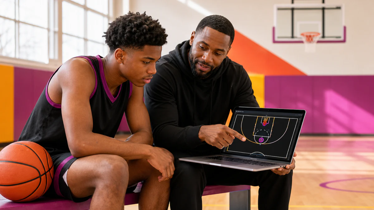 Basketballspieler und Trainer einer High School schauen sich gemeinsam Spielaufnahmen neben einem hellen Spielfeld an.